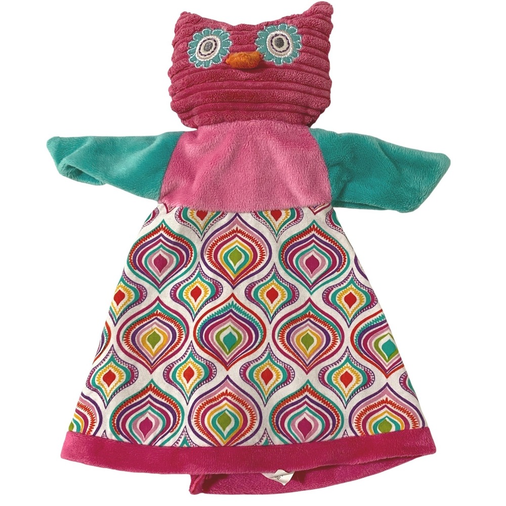Maison Chic Pink Owl Rattle Lovey Hand Puppet Plush Corduroy Baby Soother Toy